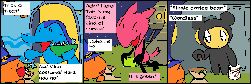 First panel, 'Trick or treat!' Tongaritchi says, holding out a treat bag to ginjirotchi. they're wearing a little blue witches hat with an aquary symbol and are very happy. 'Aw! Nice costume! Here you go!' Ginjirotchi replies as he drops various candies into their bag. His house in the background is lightly decorated with a halloween theme. Second panel, Zatchi holds out a small green candy bar like he's showing a photo. 'Ooh!! Here! This is my favorite type of candy!' Tongaritchi looks a little confused as they look at it. '..What is it?' They ask. 'It is green!' Zatchi says simply. Zatchi's house in the background is a simple gray ufo. Third panel, Kuromametchi wordlessly places a single coffee bean in Tongaritchi's bag, who is frowning at him. In the other hand he's holding the coffee bag. His house is a bluish gray and likely made of metal 